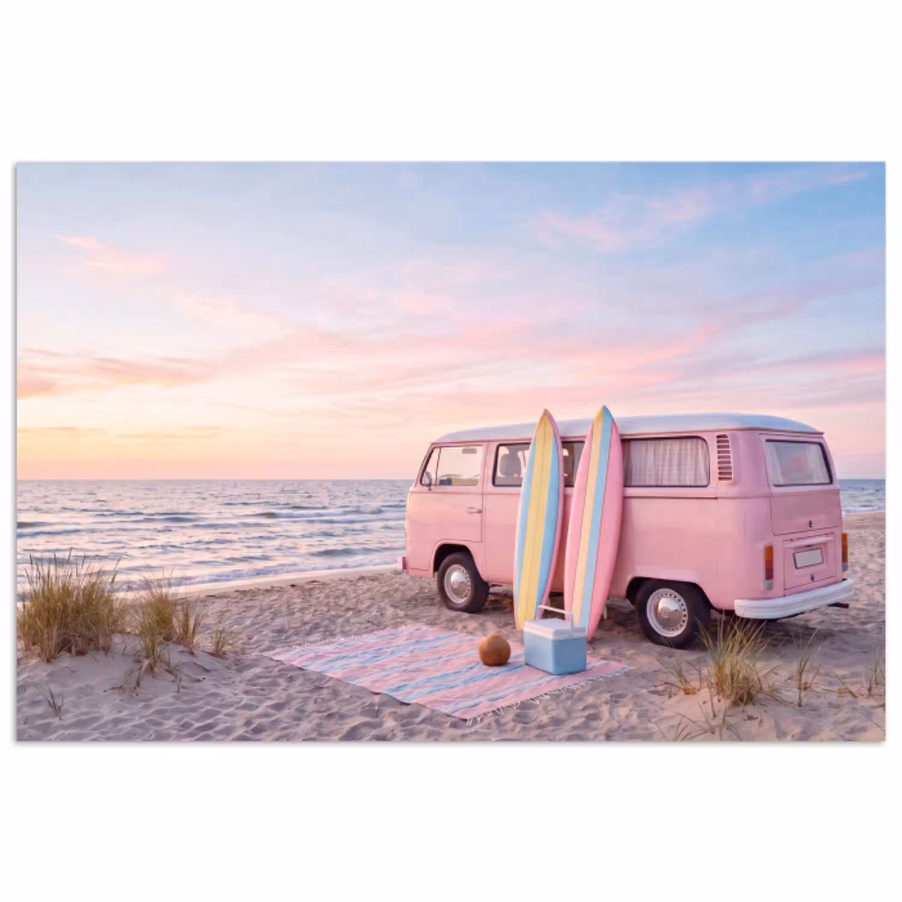 Busje - Strand - Surfplank - Zomer - Roze poster papier klein -3d