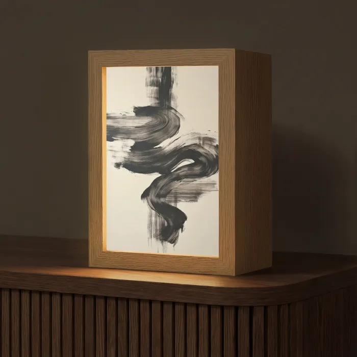 Golven - Penseelstreken - Beige - Minimalistisch Light Box met kabel (Tafellamp) klein -z3d_website