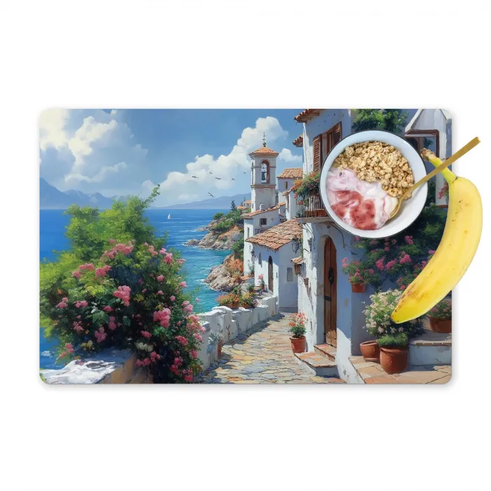 Huizen - Zee - Bomen - Bloemen Placemat vinyl groot -zzzproduct_Kitchenyeah-website