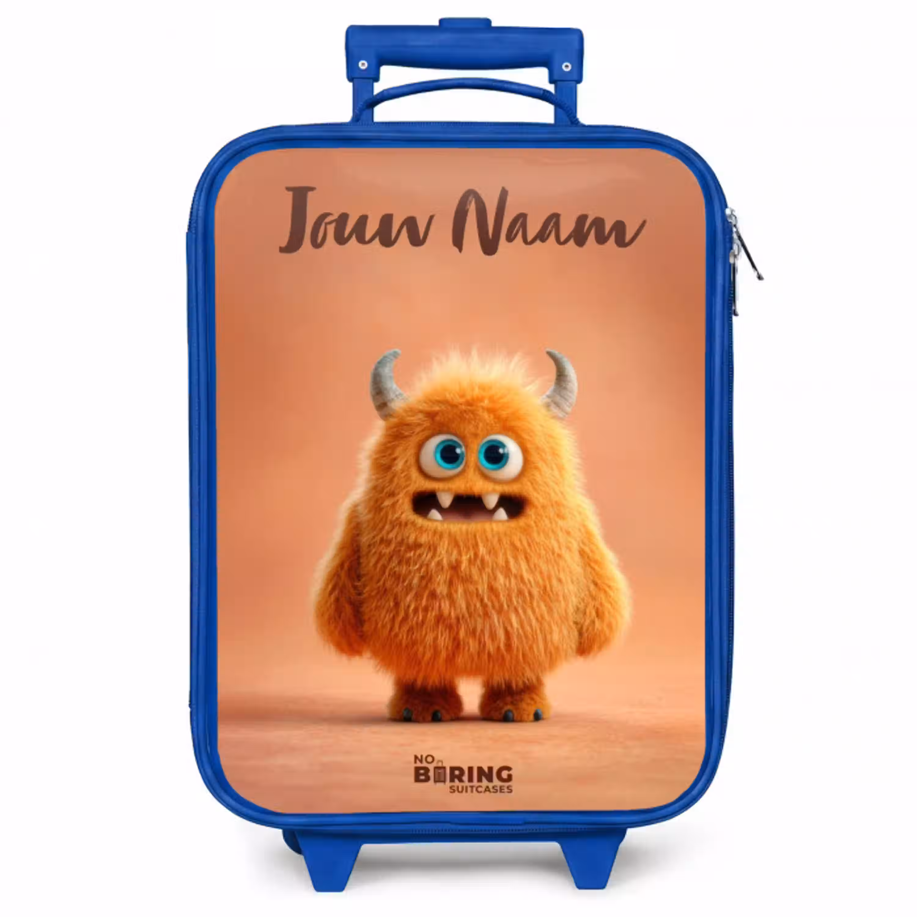 Oranje Pluizig Monster met Hoorns Kinderkoffer - Blauw klein -zzz_website3d