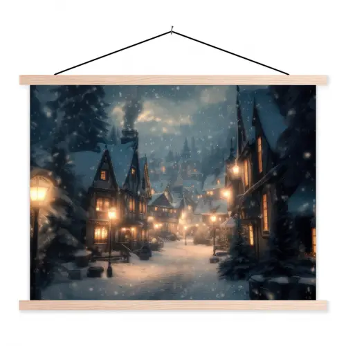 Winterdorp - Sneeuw - Donker textielposter latten blank klein -3d