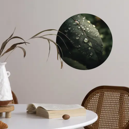 Blad - Groen - Nerven - Regendruppels Wandcirkel behangsticker klein -sfeer3