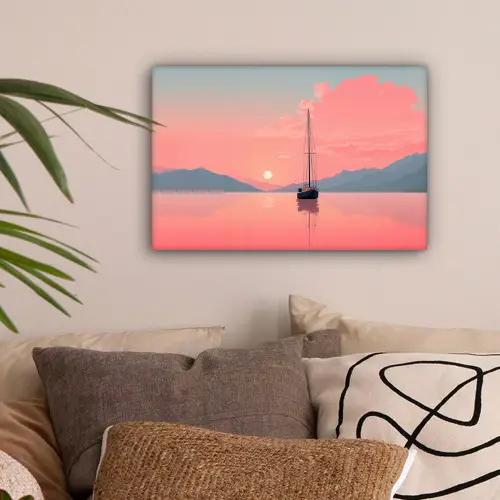 Zeilboot - Roze zee - Zonsondergang - Bergen canvas 2cm klein -sfeer1