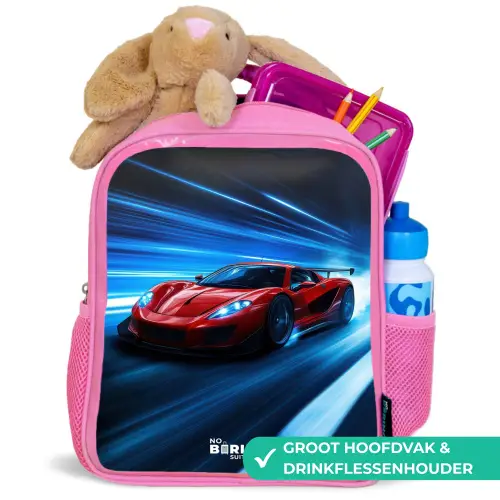 Rode racewagen in digitale snelheidswereld Kinderrugzak - Roze middel -inhoud_NL