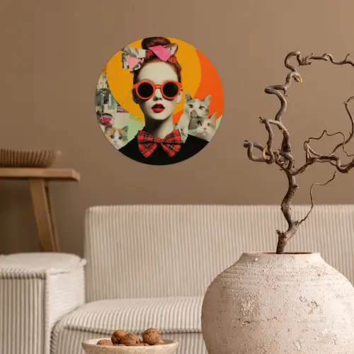 Vrouw - Bril - Strik - Retro Wandcirkel behangsticker klein -sfeer1