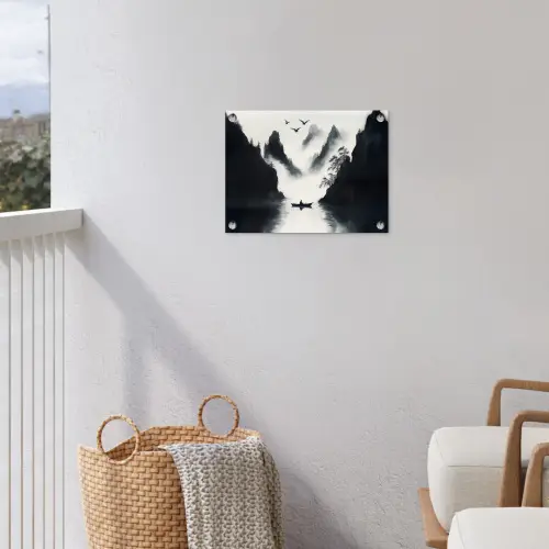 Roeiboot - Mistig - Bergen - Vogels tuinposter los doek klein -sfeer8