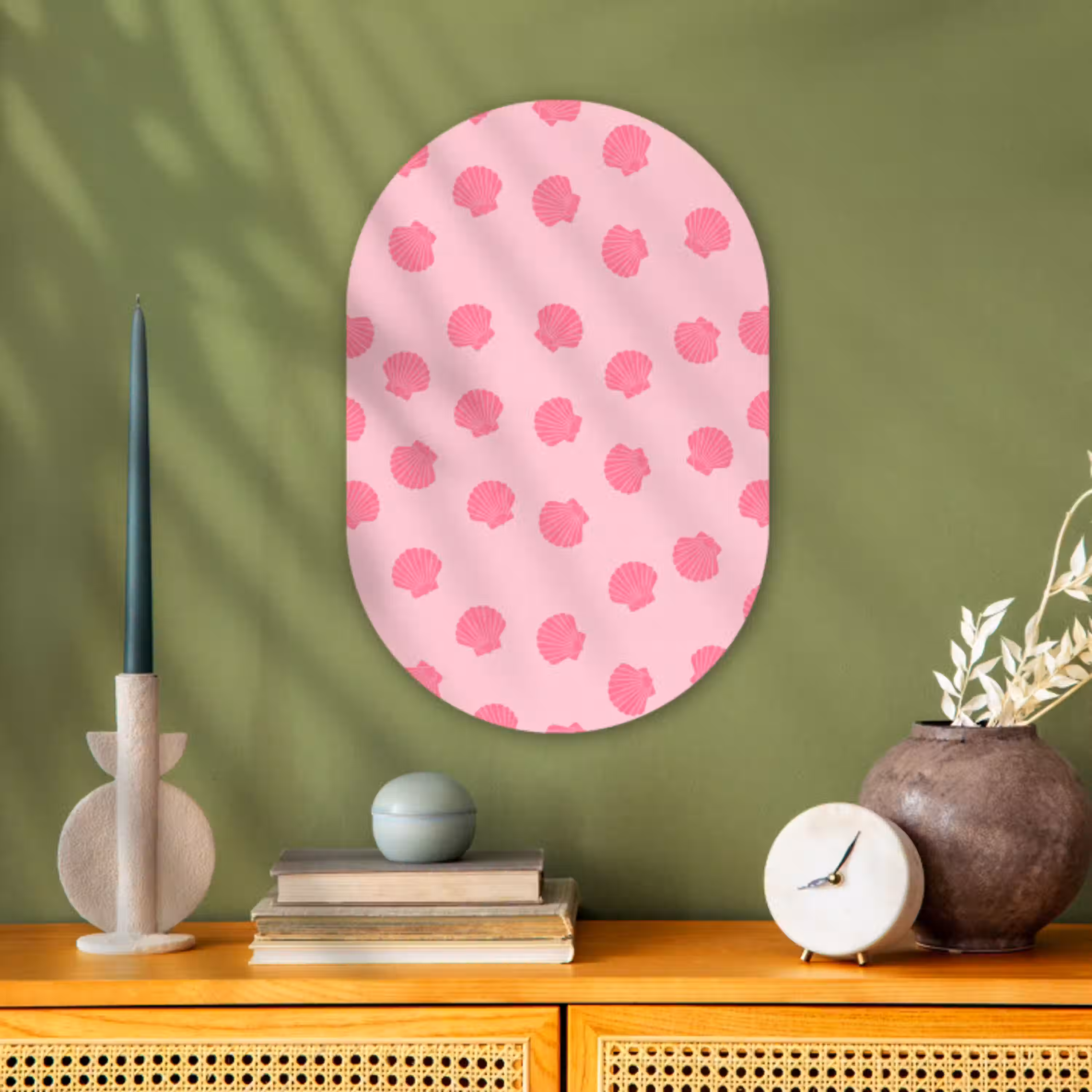 Schelp - Patroon - Zee - Modern - Roze Wandcirkel Ovaal Forex klein -sfeer2