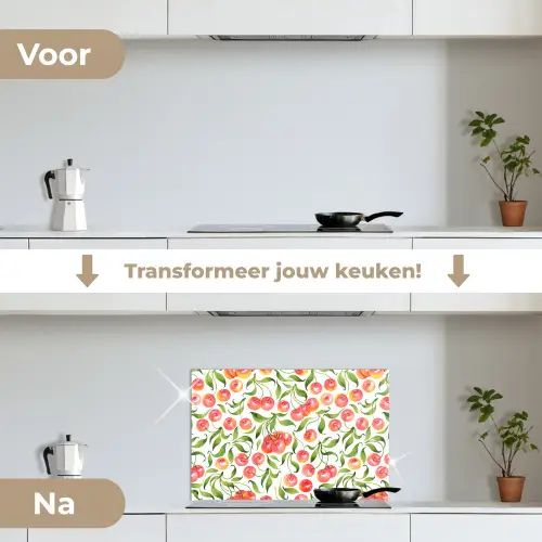 Patroon - Kersen - Wit keuken achterwand spatscherm klein 900 -voor_na_NL
