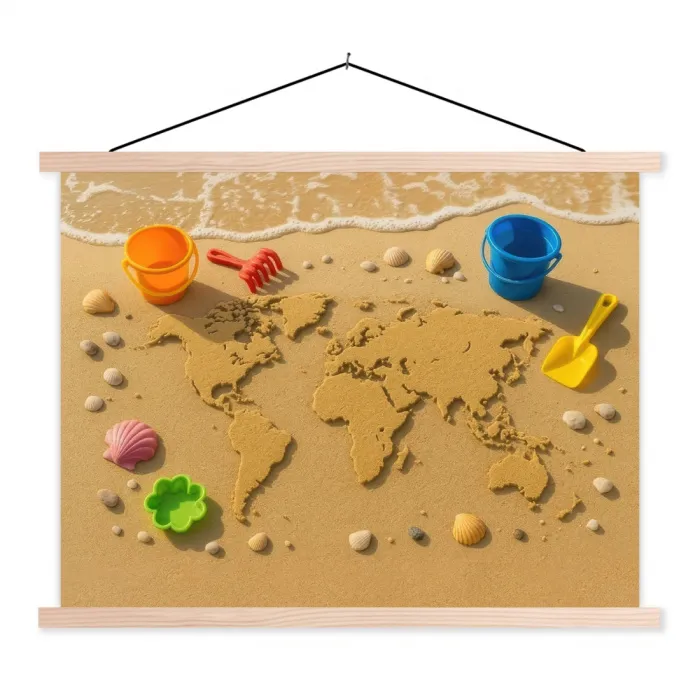 Wereldkaart - Zand - Kleurrijk - Zomer textielposter latten blank klein -3d