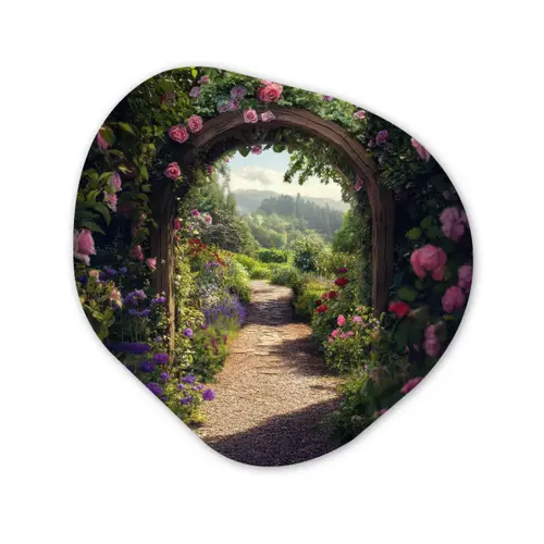 Doorkijk - Landschap - Bloemen - Rozenboog - Natuur Wandcirkel Organisch Aluminium middel -3d
