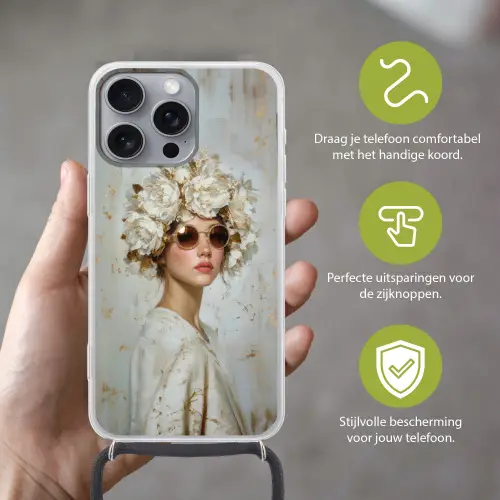 Schilderij - Vrouw - Zonnebril - Bloemenkrans Hoesje iPhone 16 Pro Max met koord klein -sfeer2_NL