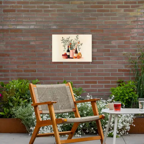 Wijnflessen - Takken - Sinaasappels Tuinposter op houten frame 2 cm dik klein -sfeer3