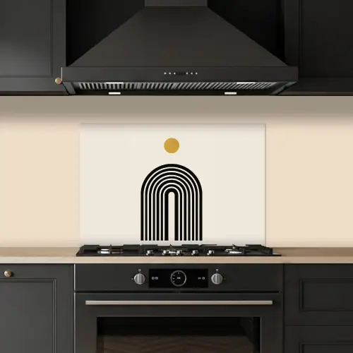 Minimalistisch - Zwarte boog - Gouden cirkel keuken achterwand spatscherm klein -sfeer1