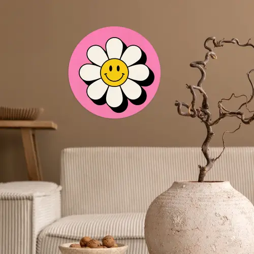 Smiley - Bloem - Roze Wandcirkel behangsticker klein -sfeer1