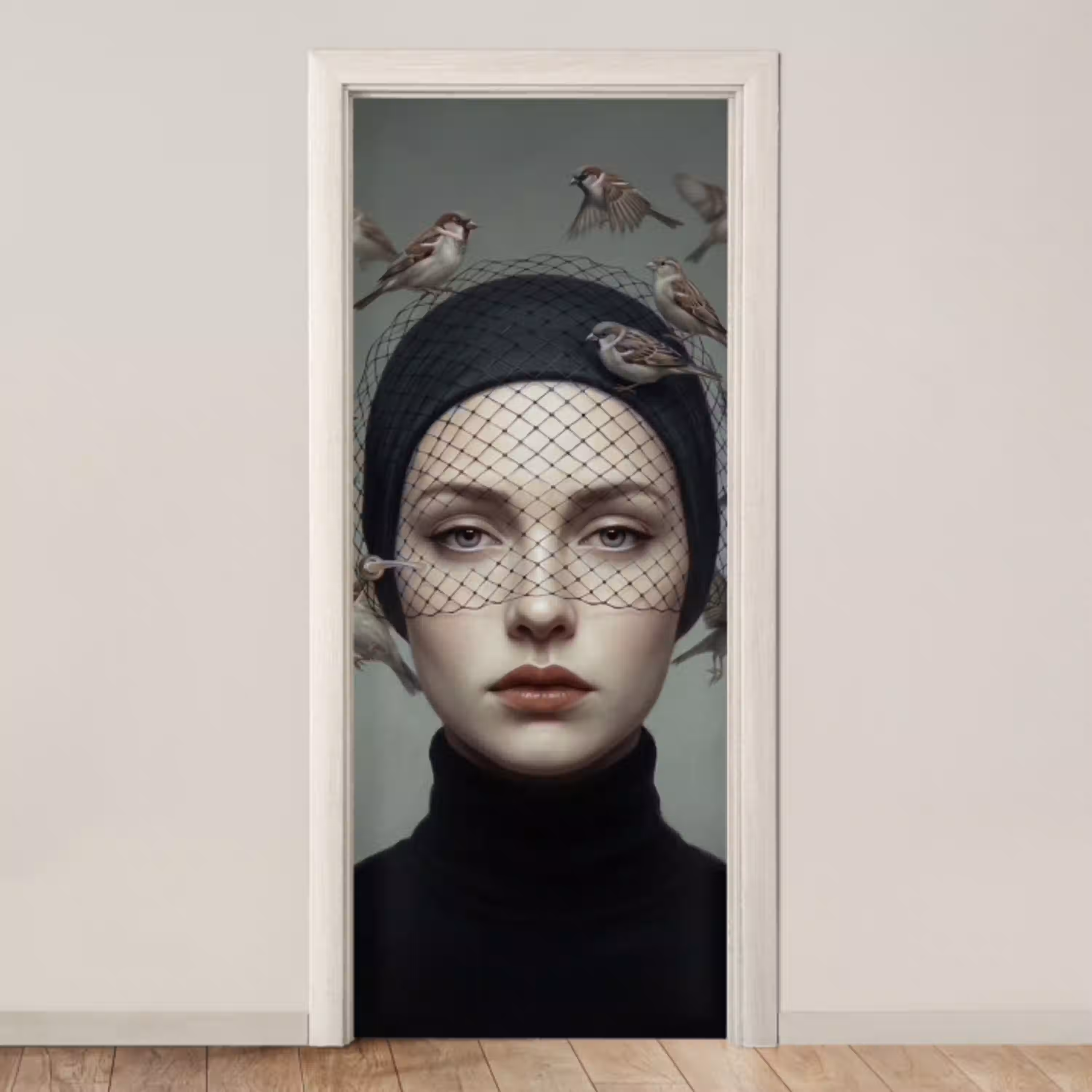 Portret - Vogels - Zwart deurposter klein -3d_beige