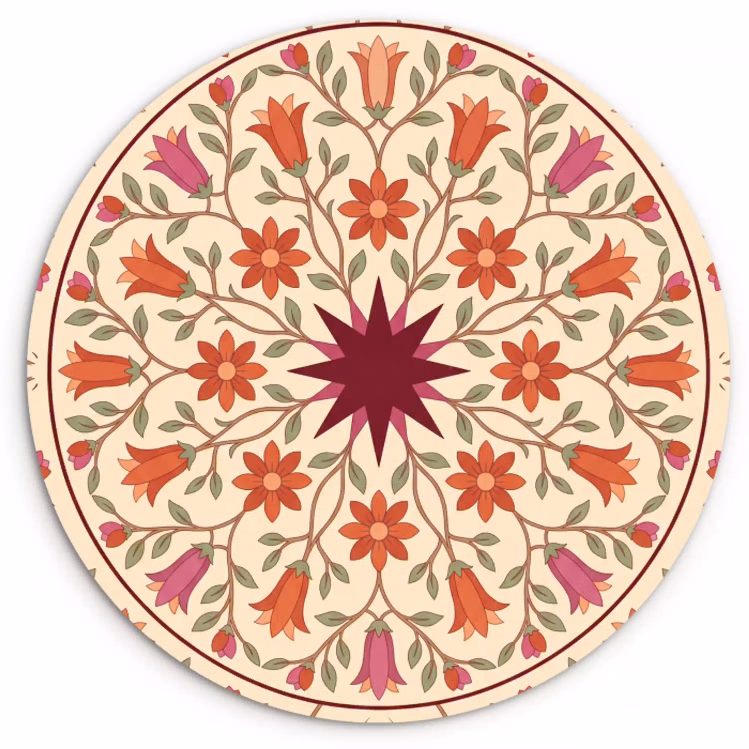 Bloemen - Mandala - Decoratief - Rood Wandcirkel kunststof plaat 5mm dik klein -3d