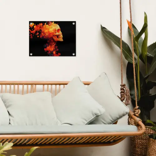 Schedel - Oranje - Zijaanzicht - Vlammen tuinposter los doek klein -sfeer7