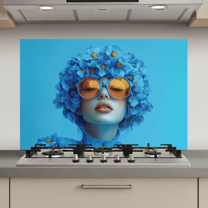 Vrouw - Bloem - Blauw - Modern - Bril - Portret keuken achterwand spatscherm klein -3d_website