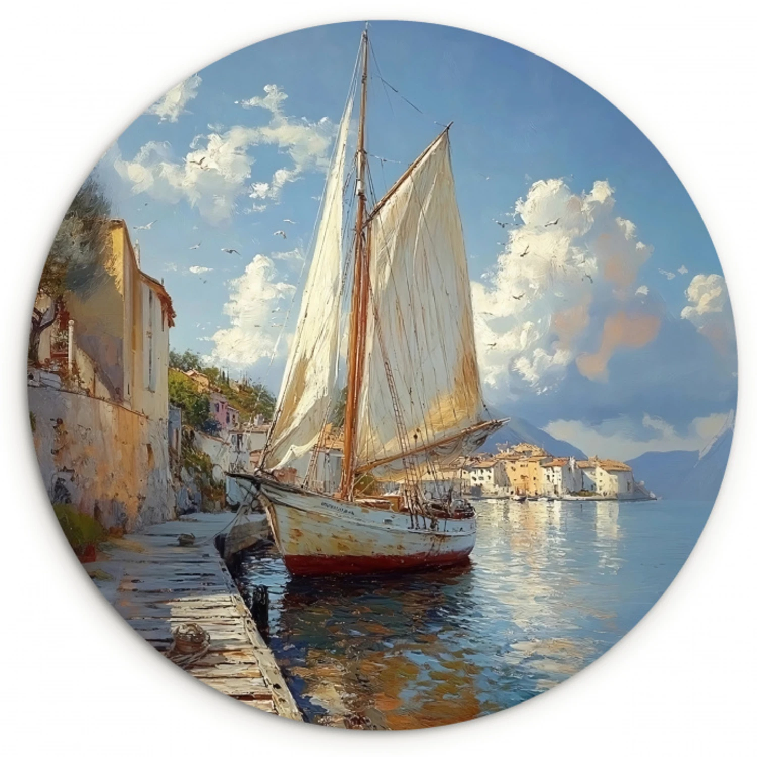 Zeilschip - Huizen - Kade - Zee Wandcirkel kunststof plaat 5mm dik klein -3d