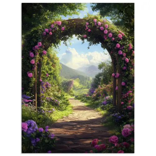 Doorkijk - Rozenboog - Uitzicht - Landschap - Bloemen poster papier klein -3d