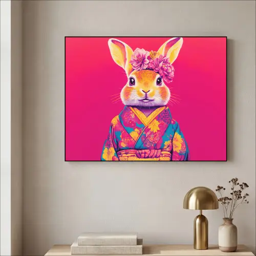 Konijn - Bloemen - Kleurrijk - Kimono Textielframe zwart klein -sfeer2