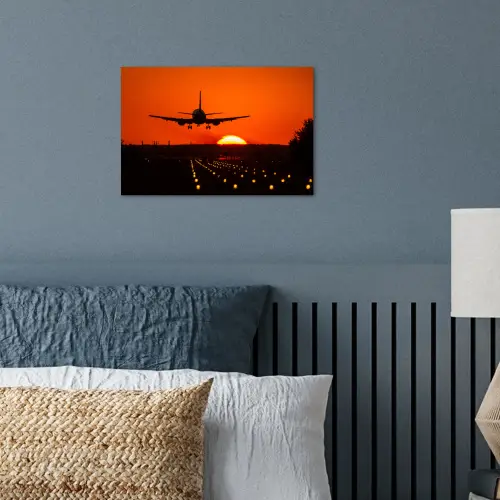 Zonsondergang - Vliegtuig - Oranje - Zon poster papier klein -sfeer2