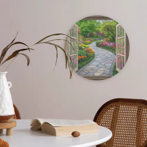 Doorkijk - Bloemen - Tuinpad - Natuur - Raam Akoestische PET Vilt - Rond klein -sfeer3