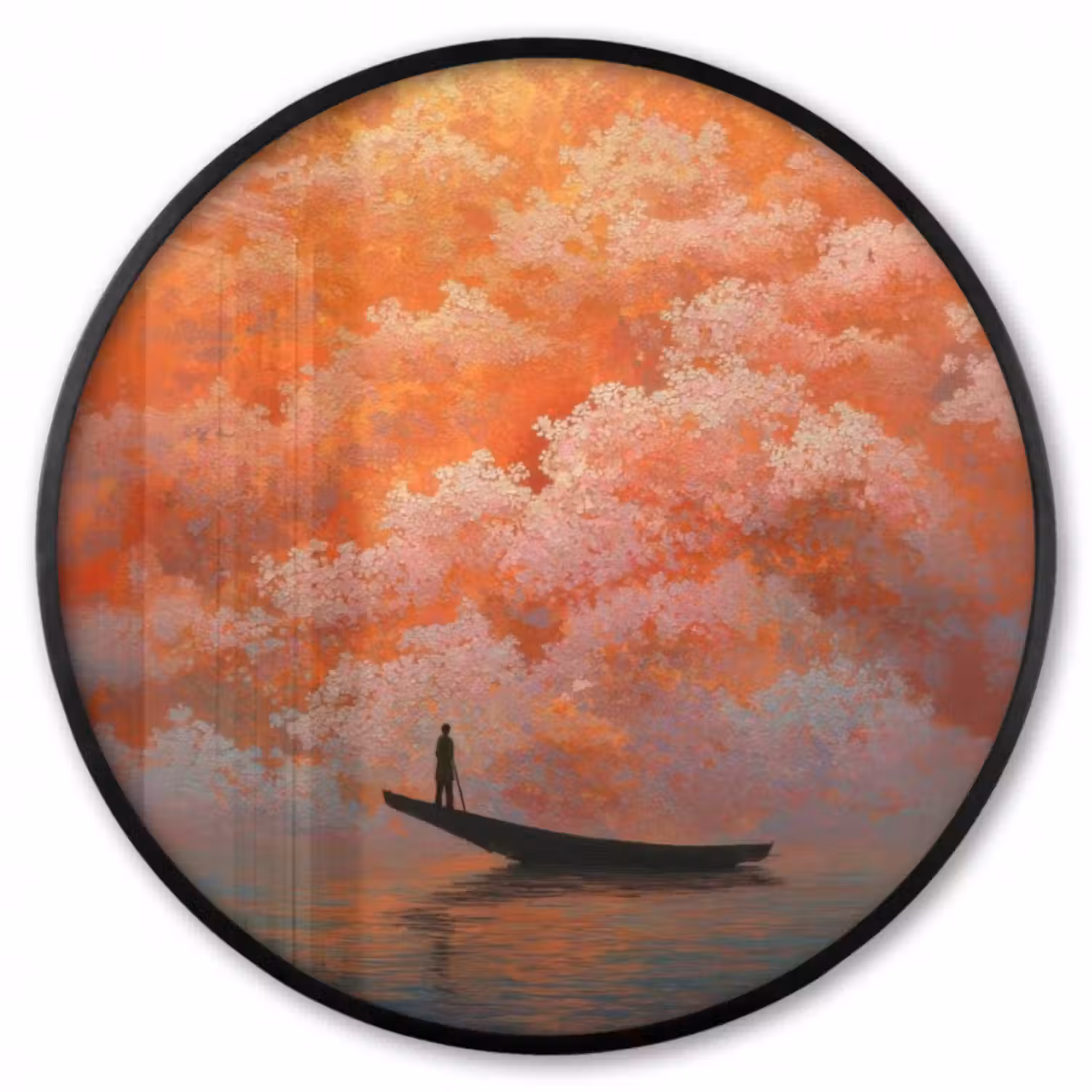 Poster im Rahmen Rund - Meer - Boot - Wolken - Orange