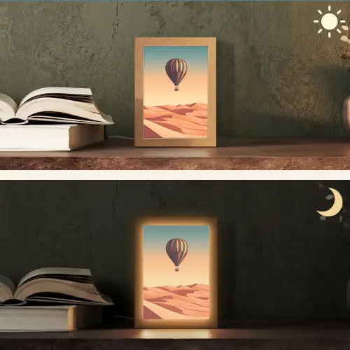 Luchtballon - Woestijn - Zonsondergang - Blauw Light Box met kabel (Tafellamp) klein -sfeer3