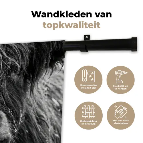 Schotse hooglander - Zwart - Wit - Sneeuwvlokken Wandkleed katoen klein -sfeer2