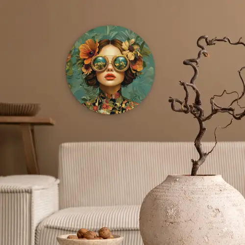 Vrouw - Bloemen - Vlinders - Natuur - Vintage Wandcirkel kunststof plaat 5mm dik klein -sfeer1