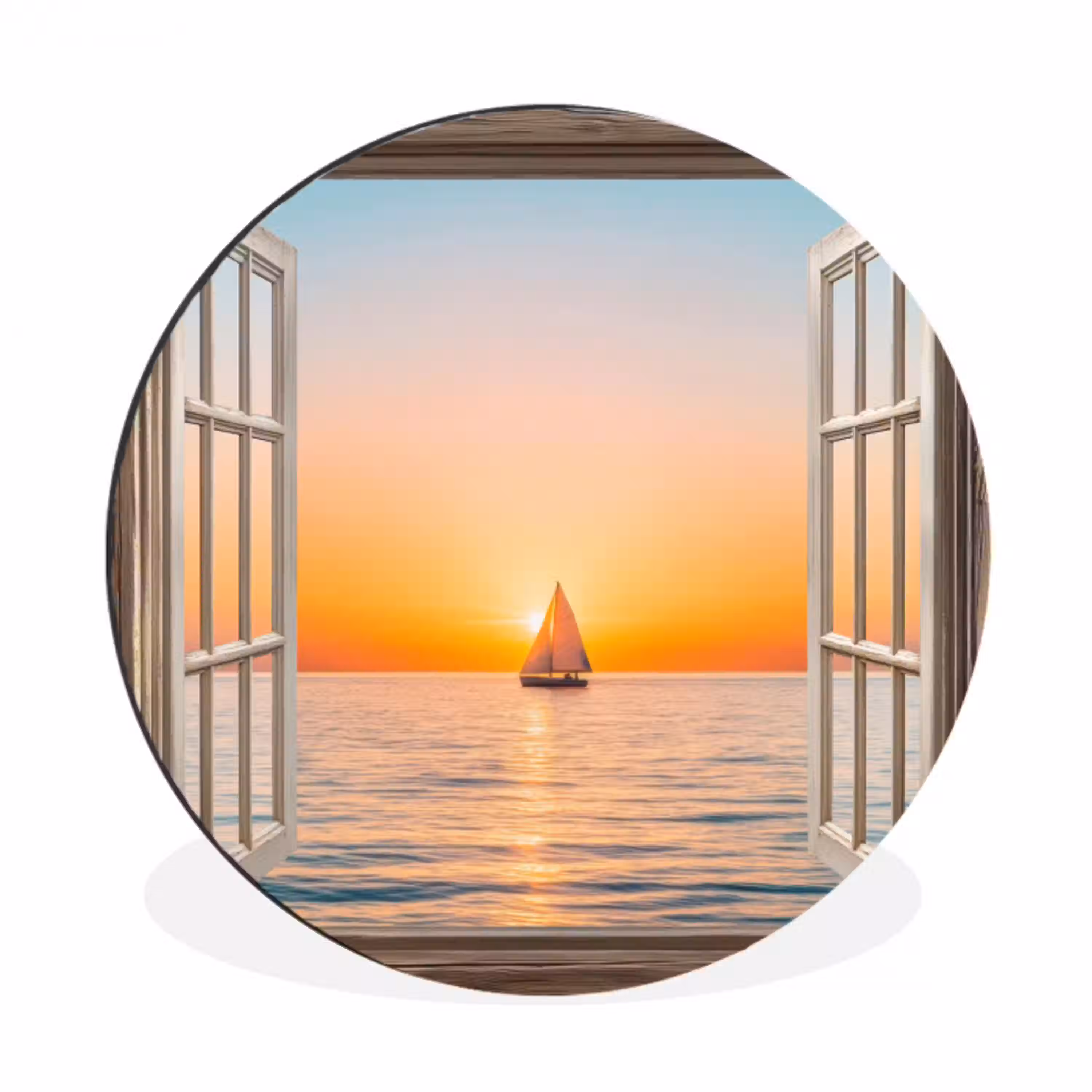 Doorkijk - Zee - Boot - Zonsondergang Wandcirkel aluminium klein -3d