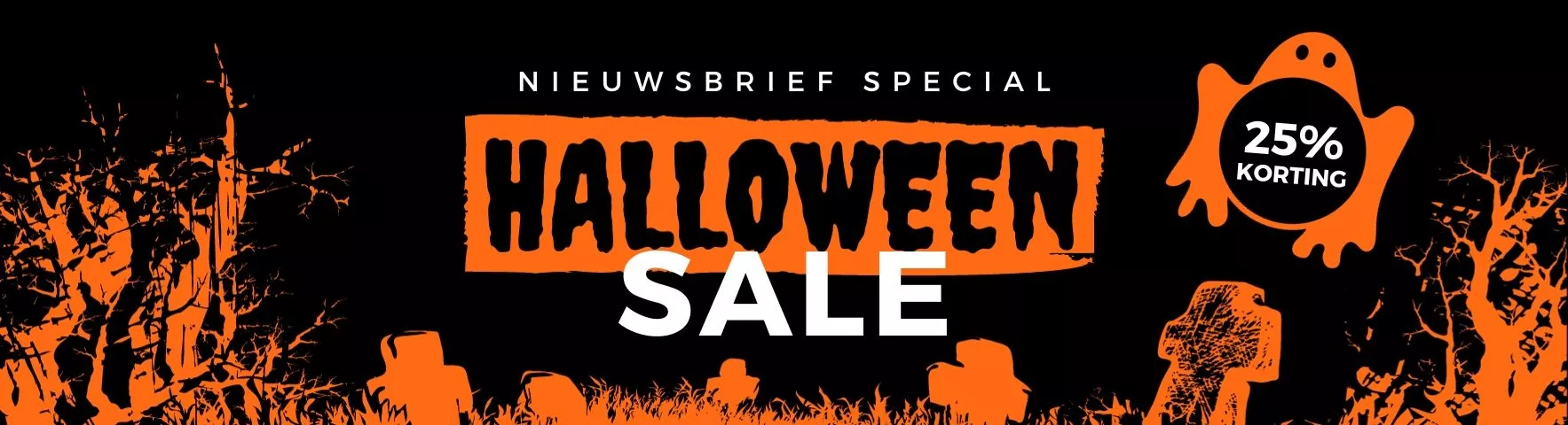 Een banner van de halloween sale met 25% korting
