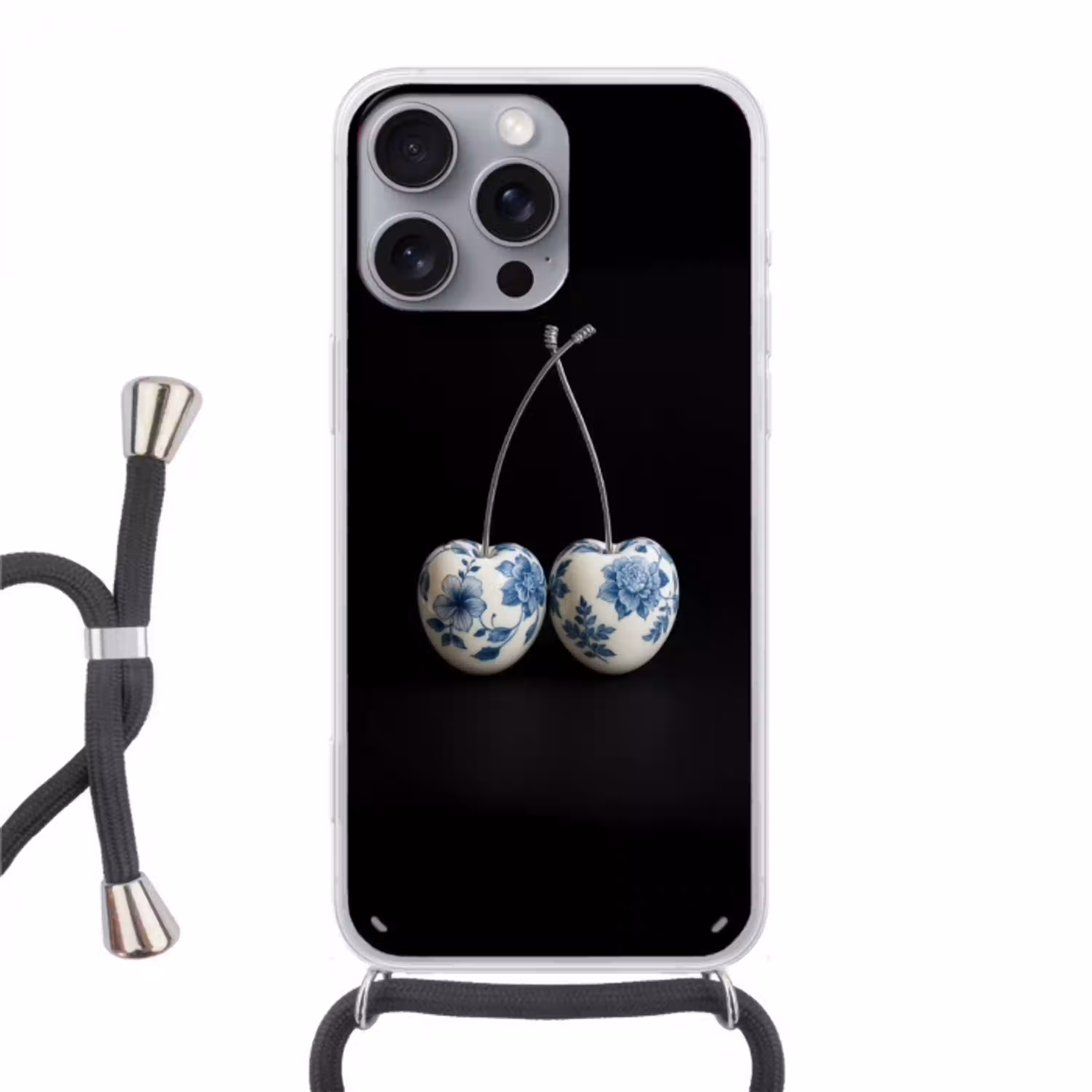 Kersen - Delfts blauw - Fruit Hoesje iPhone 16 Pro Max met koord klein -3d