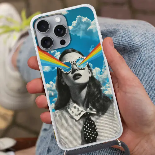 Vrouw - Bril - Regenboog - Wolken Hoesje iPhone 16 Pro Max met koord klein -sfeer3
