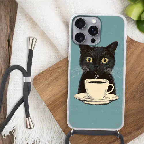 Kat - Zwart - Koffie - Minimalistisch Hoesje iPhone 16 Pro Max met koord klein -sfeer4
