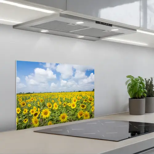 Zonnebloemen - Bloemen - Wolken - Natuur - Geel - Landschap keuken achterwand spatscherm klein -3d_schuin
