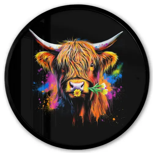Schotse Hooglander - Graffiti - Kleurrijk - Bloem - Dieren Fotolijst rond zonder passe partout klein -3d