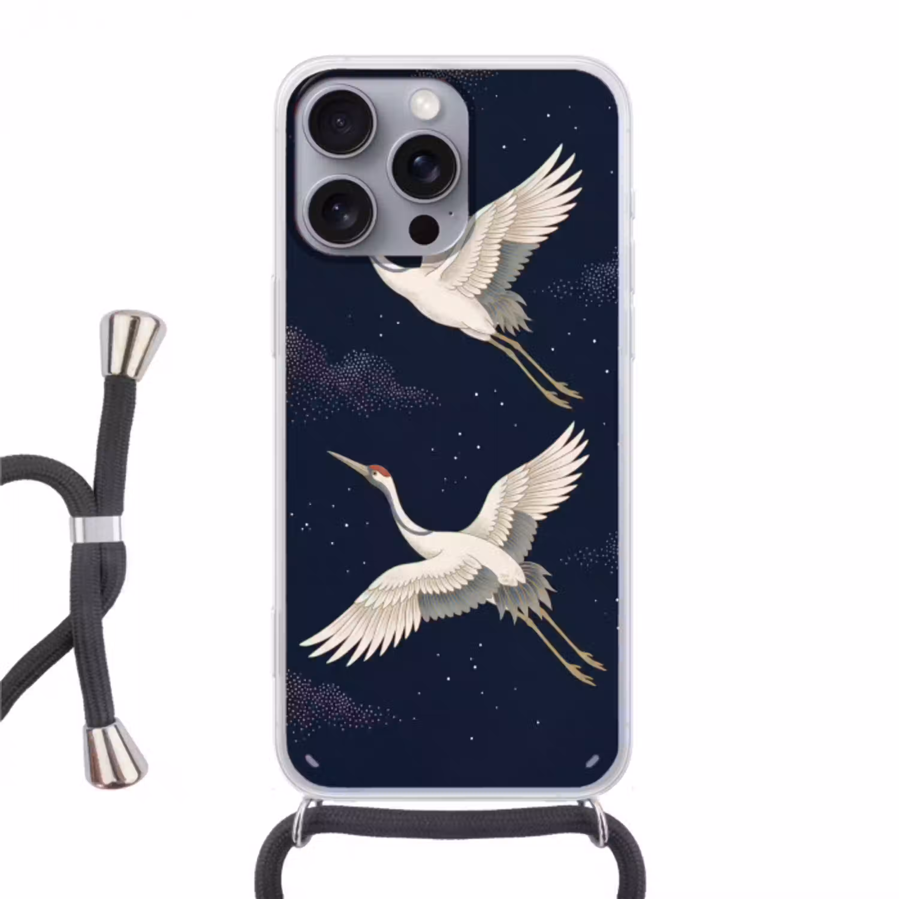 Kraanvogels - Nachthemel - Blauw Hoesje iPhone 16 Pro Max met koord klein -3d