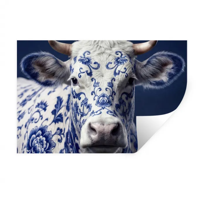 Koe - Delfts - Blauw - Artistiek Muursticker klein -3d