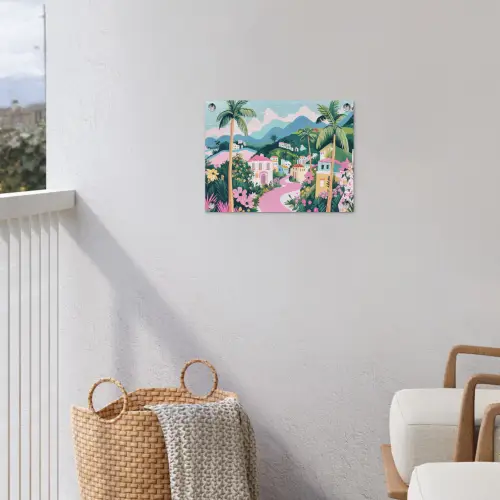 Kleurrijk - Huizen - Heuvels - Roze tuinposter los doek klein -sfeer8