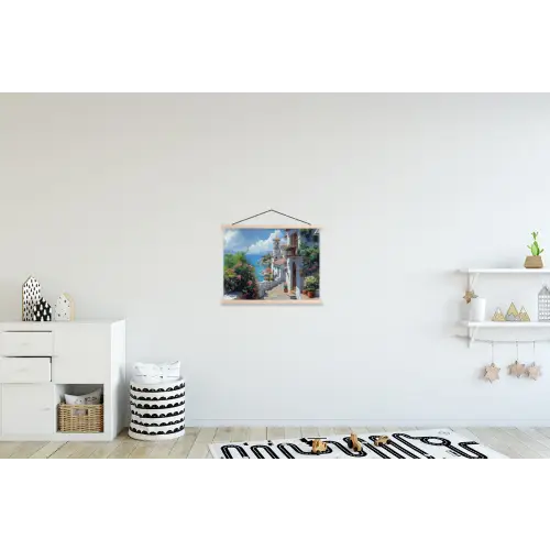 Huizen - Zee - Bomen - Bloemen textielposter latten blank klein -kinderkamer