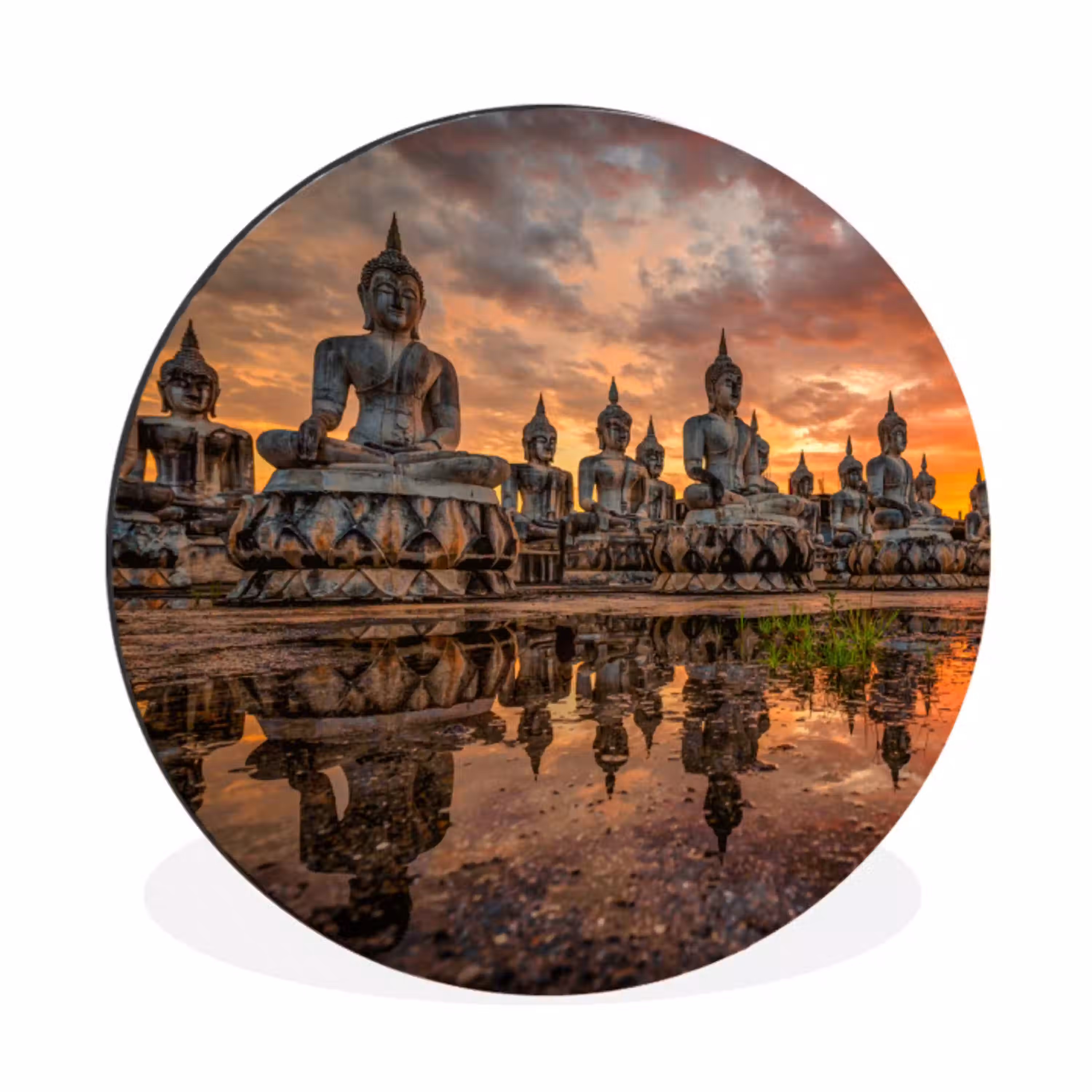 Boeddha beelden - Zonsondergang - Water - Boeddhisme Wandcirkel aluminium klein -3d
