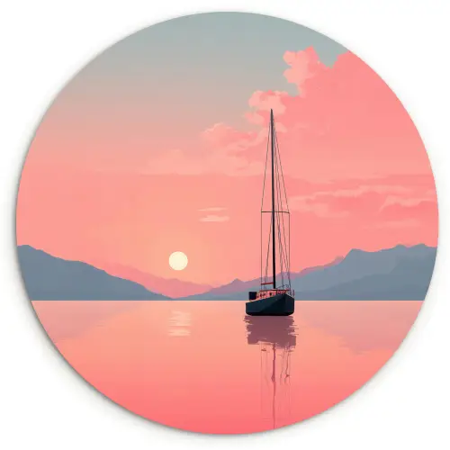 Zeilboot - Roze zee - Zonsondergang - Bergen Wandcirkel kunststof plaat 5mm dik klein -3d