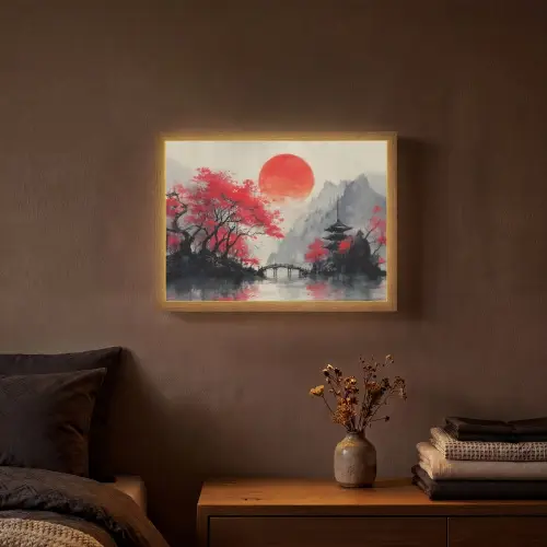 Rode zon - Rivier - brug - Bomen Light Box met batterij (Wandlamp) middel -sfeer4