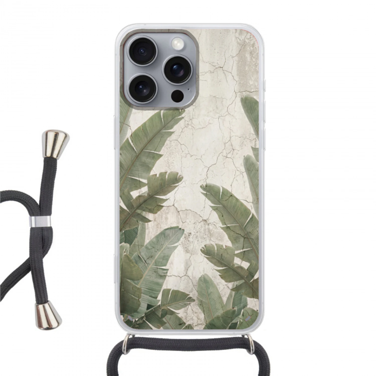 Bananenbladeren - Beton - Groen Hoesje iPhone 16 Pro Max met koord klein -3d