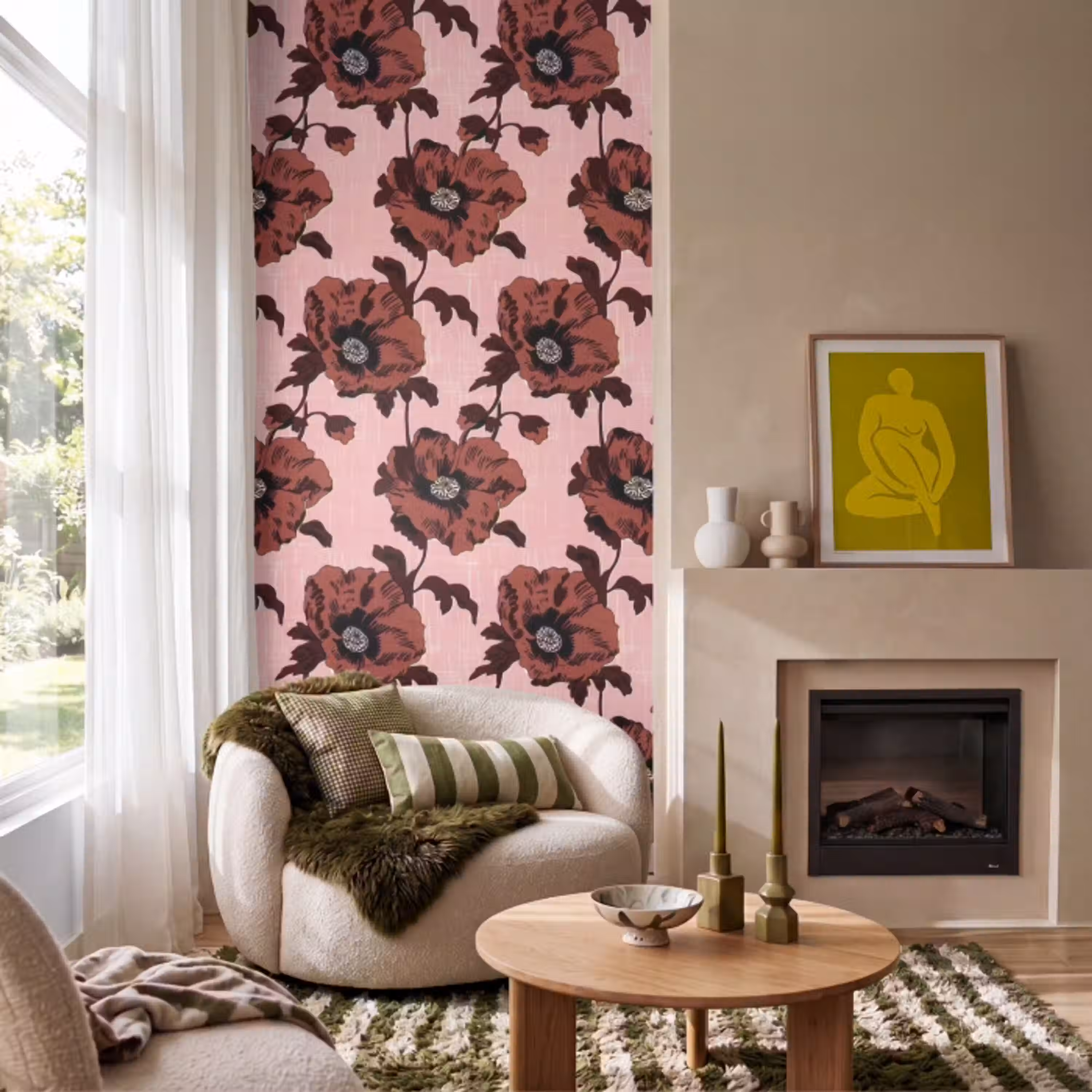 Bloemen - Retro - Rood Behang Vlies klein 1076 -sfeer2