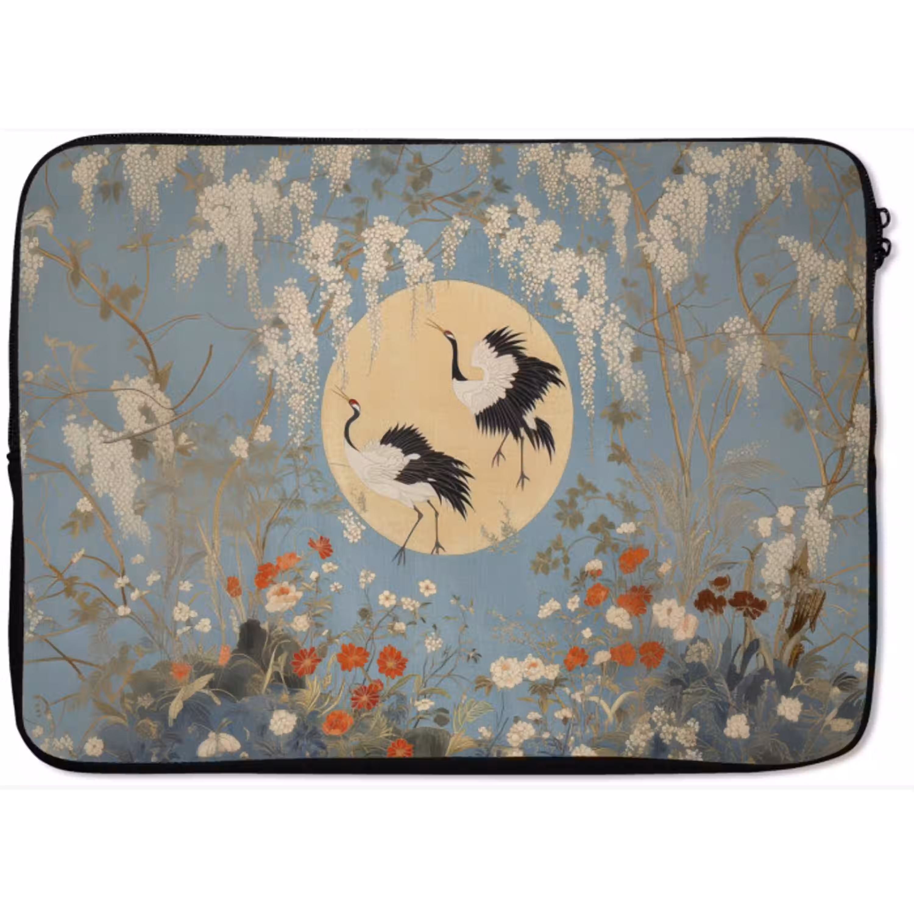 Kraanvogels - Maan - Bloemen - Blauw laptophoes neopreen klein -zkaufland3dotto