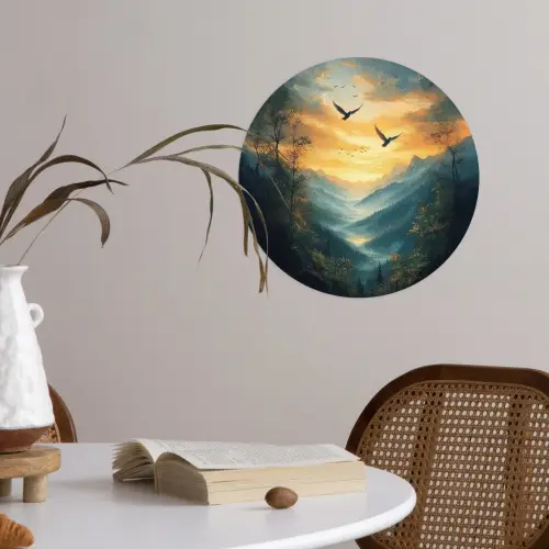Vogels - Zon - Bomen - Groen Wandcirkel behangsticker klein -sfeer3