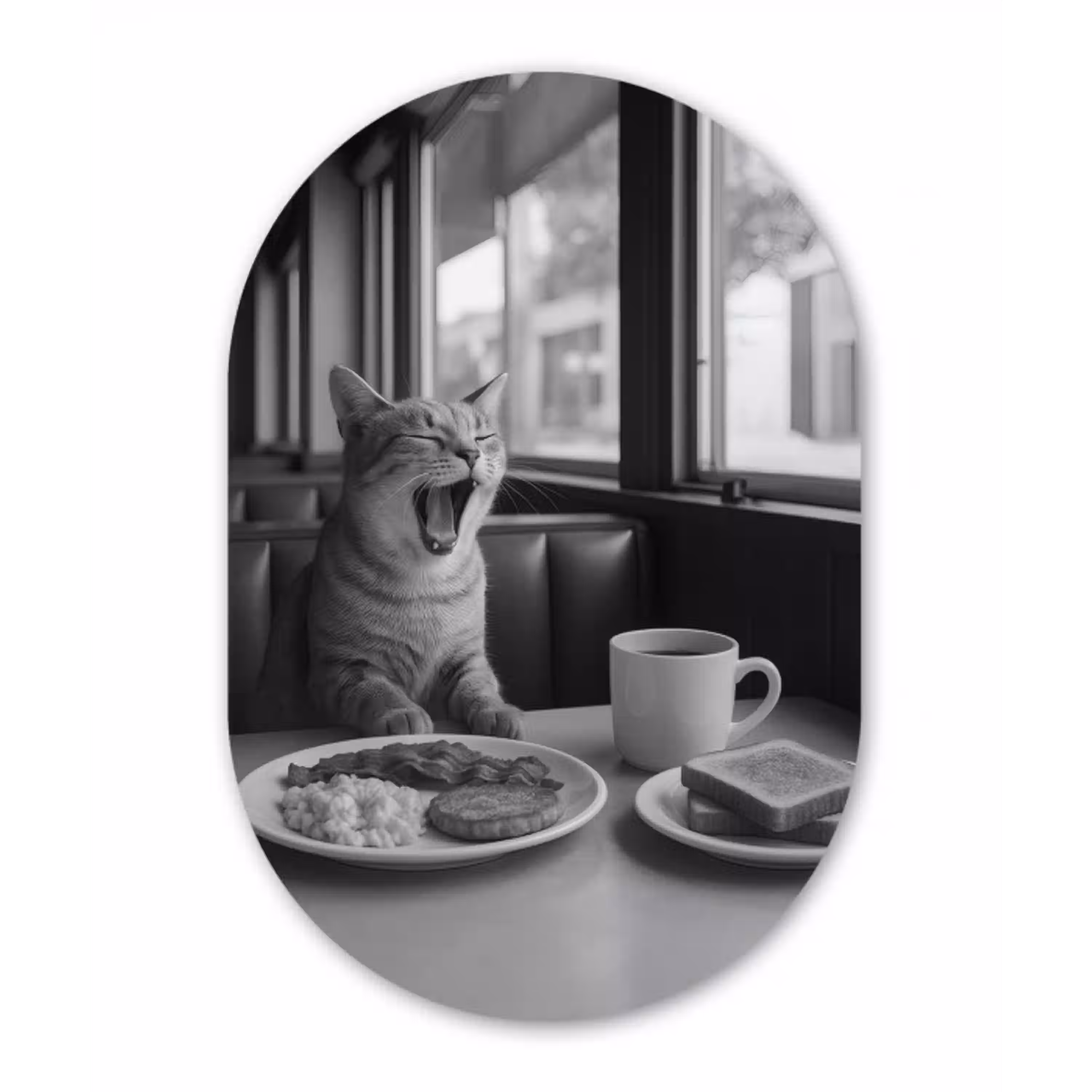 Kat - Koffie - Brood - Zwart Wandcirkel Ovaal Glas middel -3d